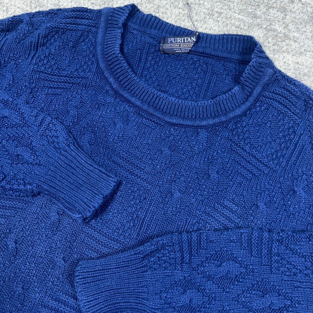 Vintage Grandpa Sweater Men Large Blue Geometric Textured Crewneck Made USA 90s